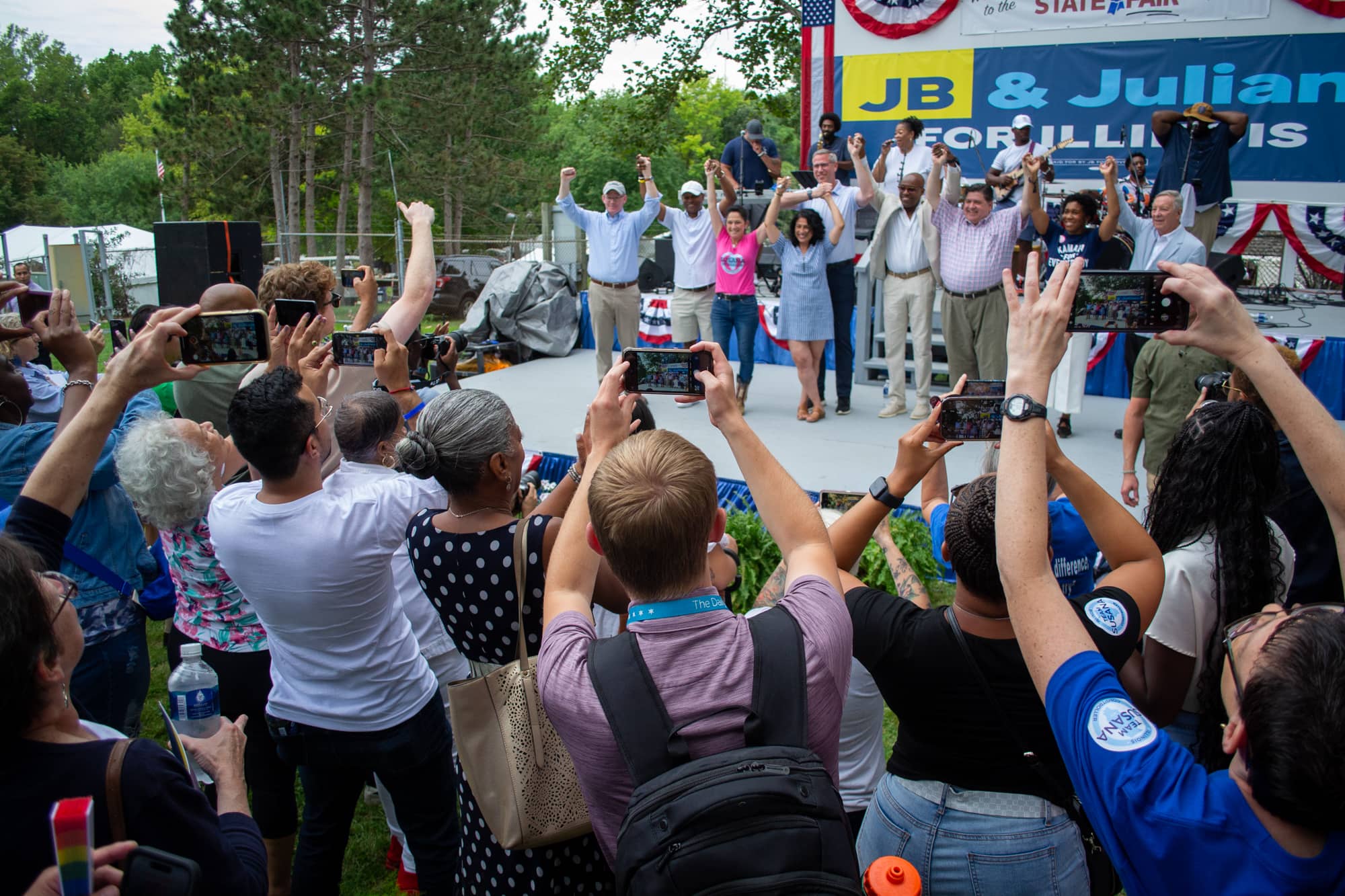 Illinois statewide elected officials – all Democrats – rally at the Illinois State Fair in Springfield Wednesday for Governor’s Day. (Capitol News Illinois photo by Jerry Nowicki)