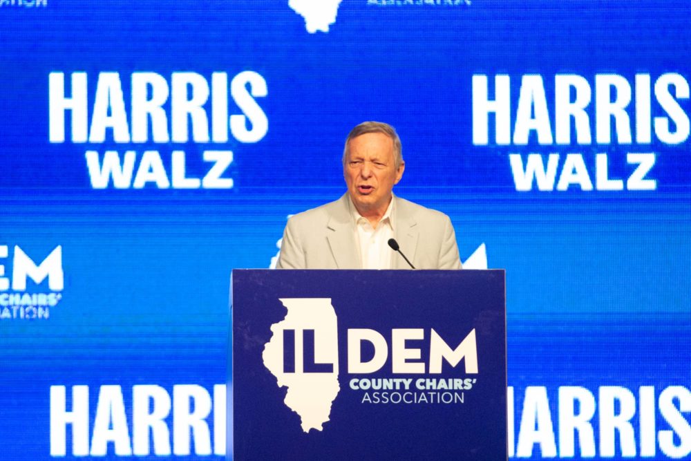 U.S. Sen Dick Durbin speaks to attendees at the Illinois Democratic County Chairs’ Association brunch at the Bank of Springfield Center on Wednesday. (Capitol News Illinois photo by Peter Hancock)