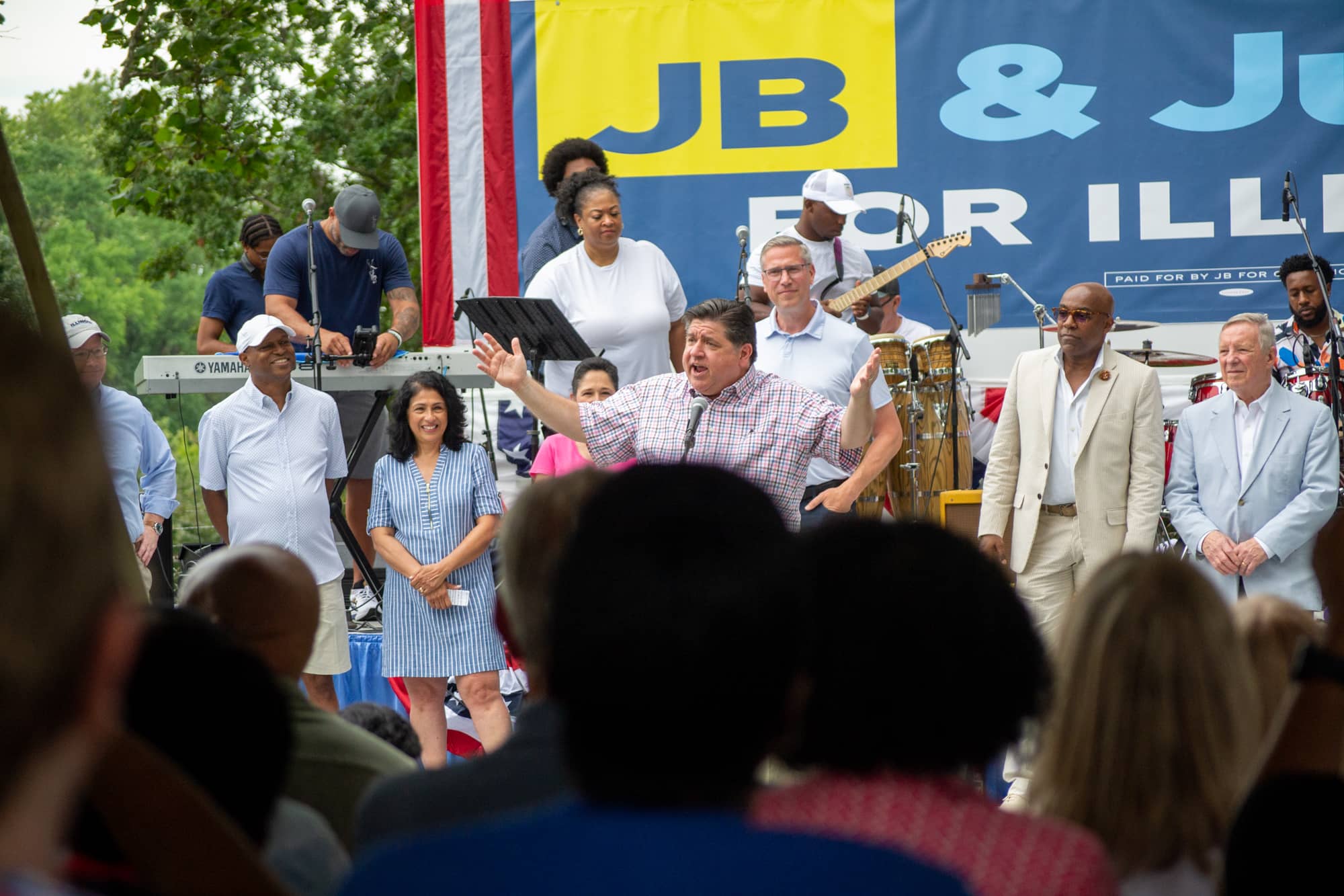 Gov. JB Pritzker gives a speech at Governor’s Day on the Illinois State Fairgrounds. (Capitol News Illinois photo by Jerry Nowicki)