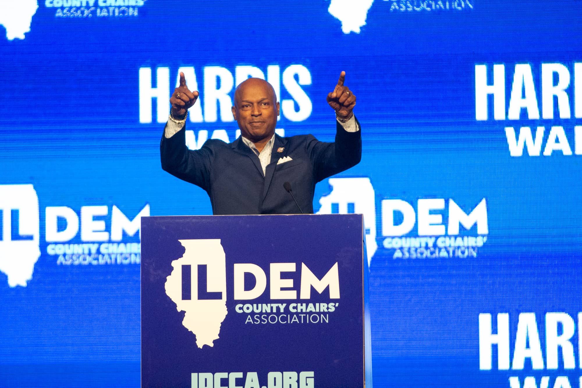 House Speaker Emanuel “Chris” Welch warms up the crowd at the Illinois Democratic County Chairs’ Association brunch in Springfield on Wednesday. (Capitol News Illinois photo by Jerry Nowicki)
