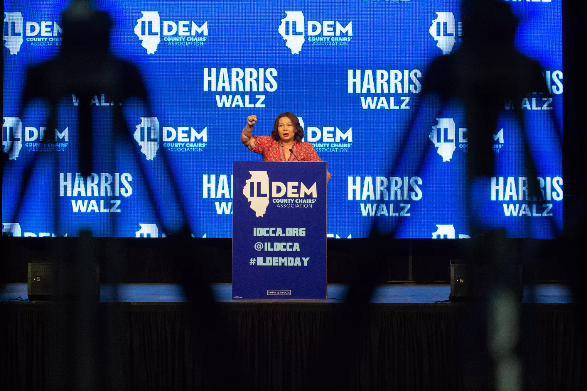 U.S. Sen. Tammy Duckworth delivers a speech at the annual Illinois Democratic County Chairs’ Association brunch. (Capitol News Illinois photo by Jerry Nowicki)