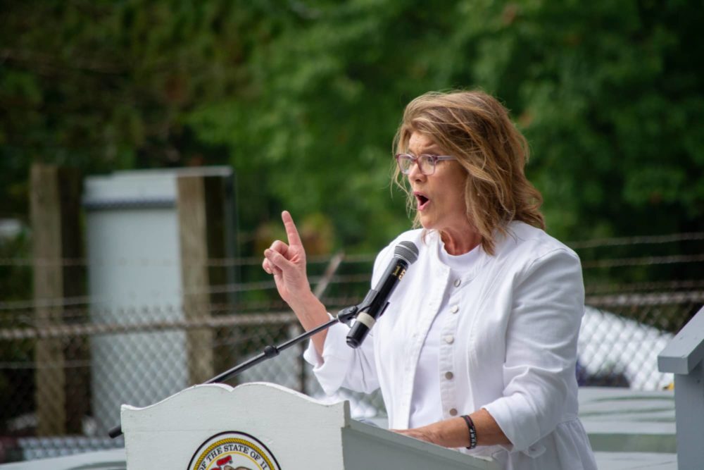 New ILGOP Chair Kathy Salvi speaks to attendees of Republican Day at the Illinois State Fair on Thursday. Salvi, a mother of six, told the party that “we need a little mothering.” (Capitol News Illinois photo by Jerry Nowicki)