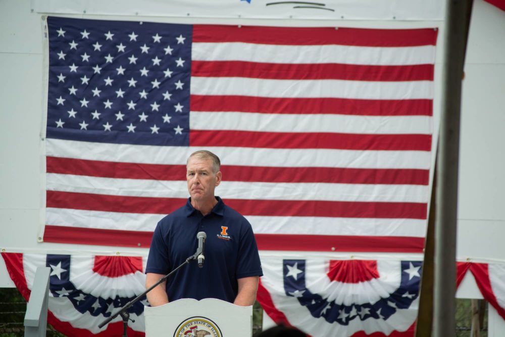 Senate Republican Leader John Curran speaks to attendees at Republican Day at the Illinois State Fairgrounds. (Capitol News Illinois photo by Jerry Nowicki)