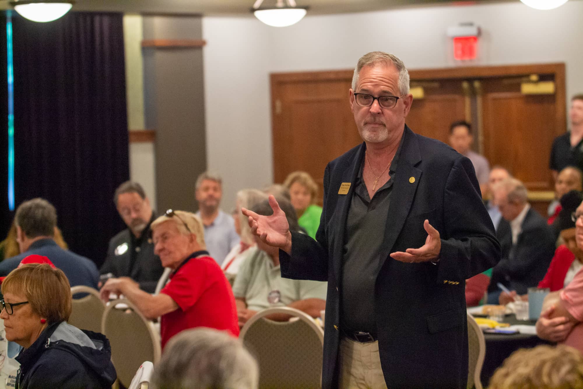 Charles “Chuck” Maher tells attendees at the Republican State Central Committee breakfast that the GOP should view October as “election month.” (Capitol News Illinois photo by Jerry Nowicki)