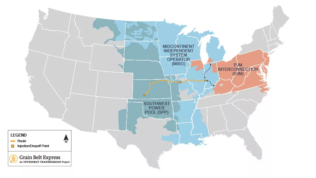 The map shows the proposed route of the Grain Belt Express (Image provided)