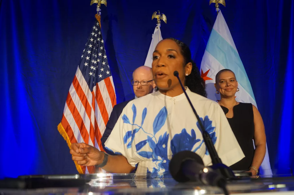 Lt. Gov. Juliana Stratton calls reproductive rights a “fundamental issue” of the 2024 campaign in an interview with reporters at the Illinois delegation’s Tuesday breakfast prior to Democratic National Convention programming. (Capitol News Illinois photo by Peter Hancock)