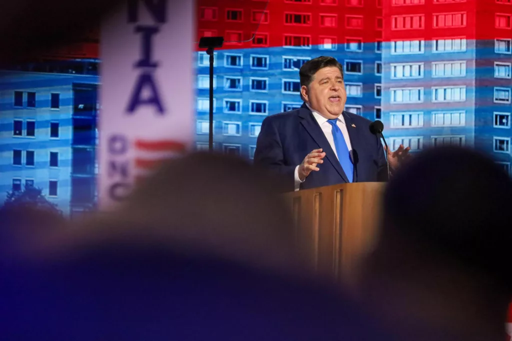 Gov. JB Pritzker delivers his primetime address Tuesday evening at the Democratic National Convention. (Capitol News Illinois photo by Andrew Adams)