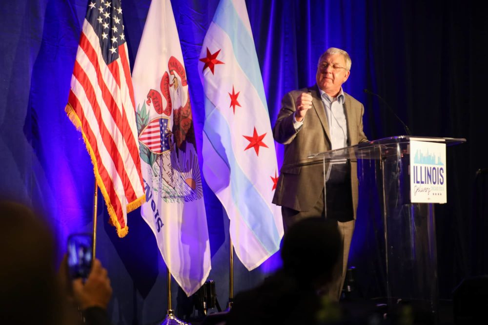 DREA: Illinois AFL-CIO President Tim Drea addresses the Illinois delegation at its Wednesday morning breakfast. He said it’s been a “really, really big week for labor” thus far as the Democratic National Convention continues in Chicago. (Capitol News Illinois photo by Andrew Adams)