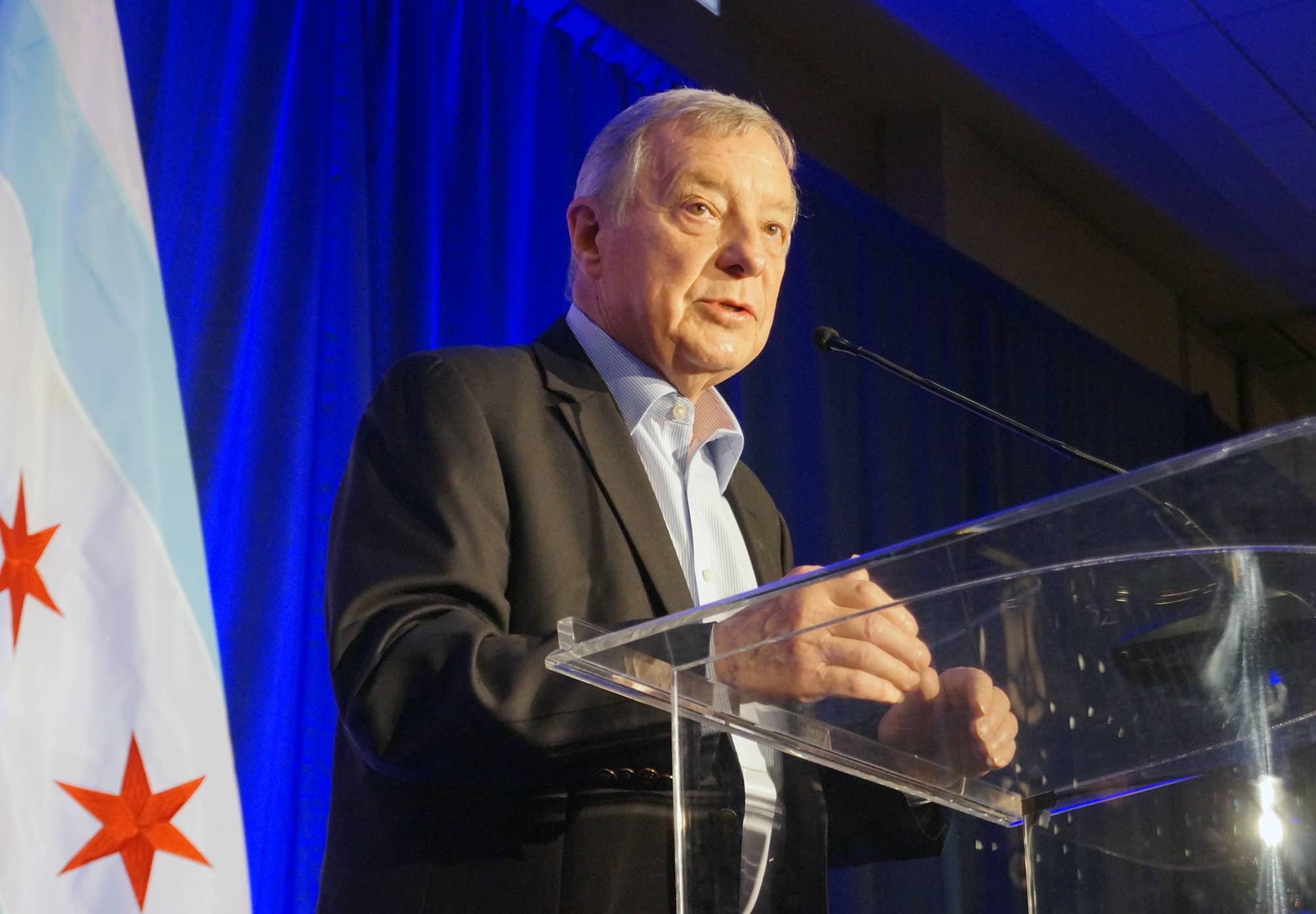 U.S. Sen. Dick Durbin speaks at the Illinois delegation’s Thursday breakfast. (Capitol News Illinois photo by Peter Hancock)