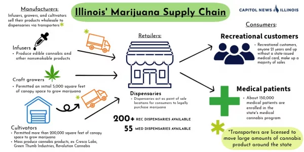 The graphic shows how cannabis grown in Illinois gets from cultivation centers to customers. (Capitol News Illinois illustration by Dilpreet Raju)