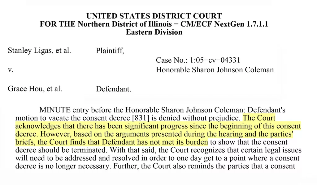 Judge Sharon Johnson Coleman of the Northern District of Illinois ruled against the state of Illinois’ request to end court oversight of its disability services. (Illustration by Capitol News Illinois, with highlight added)