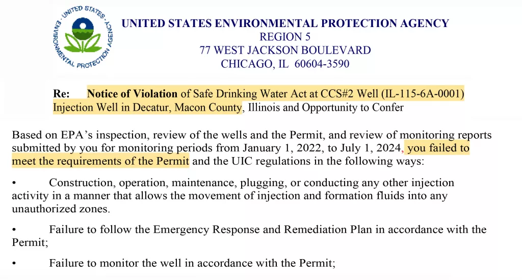 The U.S. Environmental Protection Agency issued a notice of violation to ADM that a well at its carbon dioxide storage facility in Decatur violated its permit. (Capitol News Illinois illustration with highlights added)