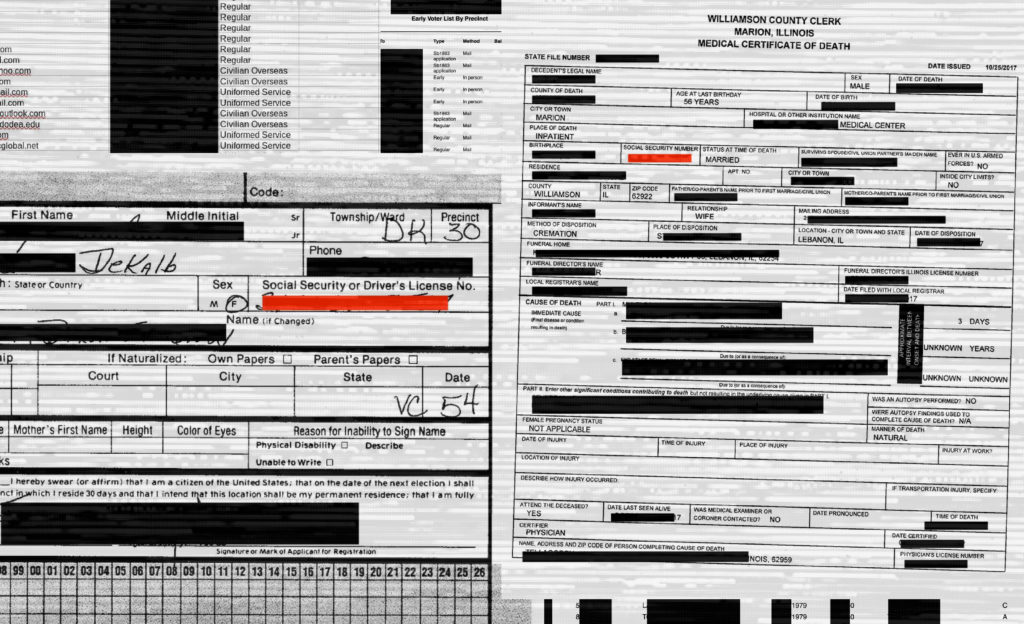 Examples of redacted documents found by Jeremiah Fowler in unsecured databases. (Illustration by Capitol News Illinois)