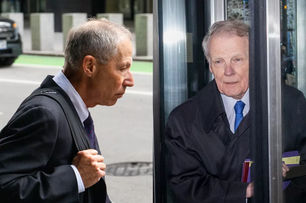 Former head of AT&T Illinois Paul La Schiazza and former Illinois House Speaker Michael Madigan are pictured in file photos at the Dirksen Federal Courthouse in Chicago. La Schiazza and Madigan are each facing separate charges for their alleged participation in a bribery ring. (Capitol News Illinois photos by Andrew Adams)