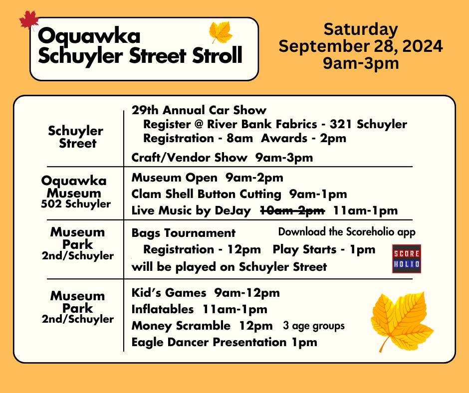 schedule of events for the Oquawka Schuyler Street Stroll