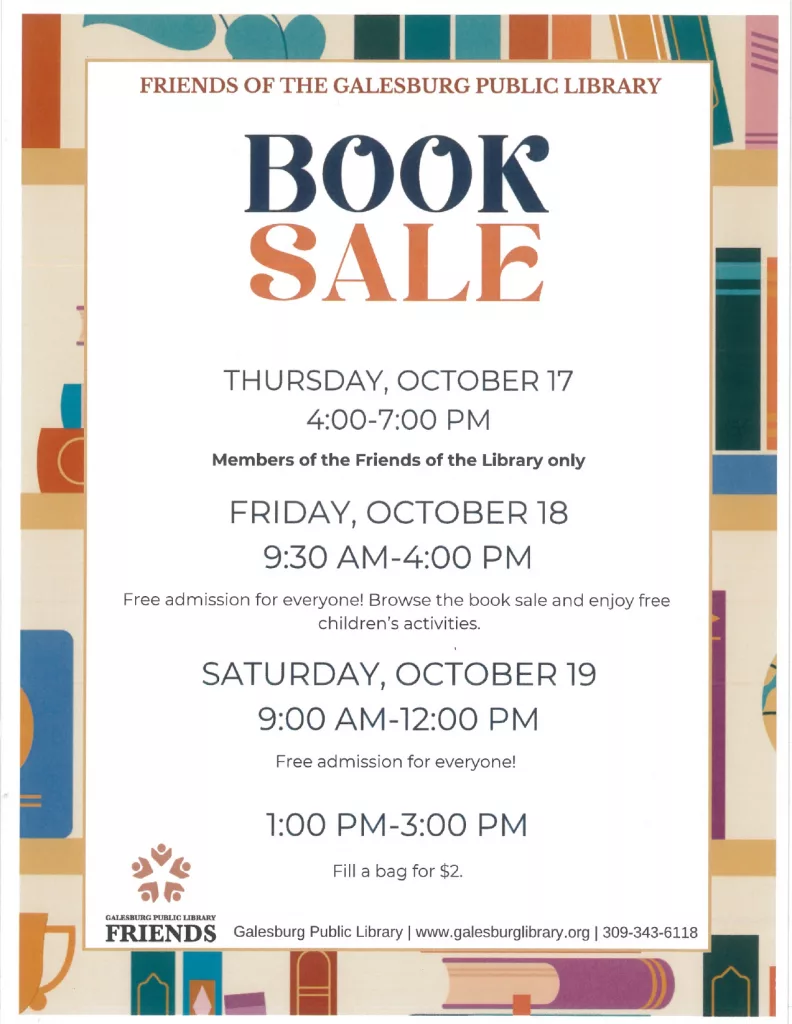 flyer with cartoon books giving the dates and time for a book sale at the galesburg public library