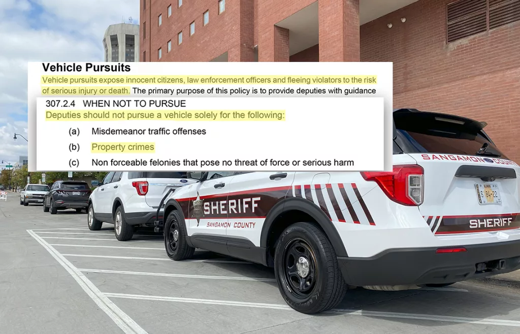 The pursuit policy of the Sangamon County Sheriff’s Office outlines the circumstances in which deputies are directed not to pursue fleeing vehicles. Highlights added. (Capitol News Illinois illustration by Jerry Nowicki)