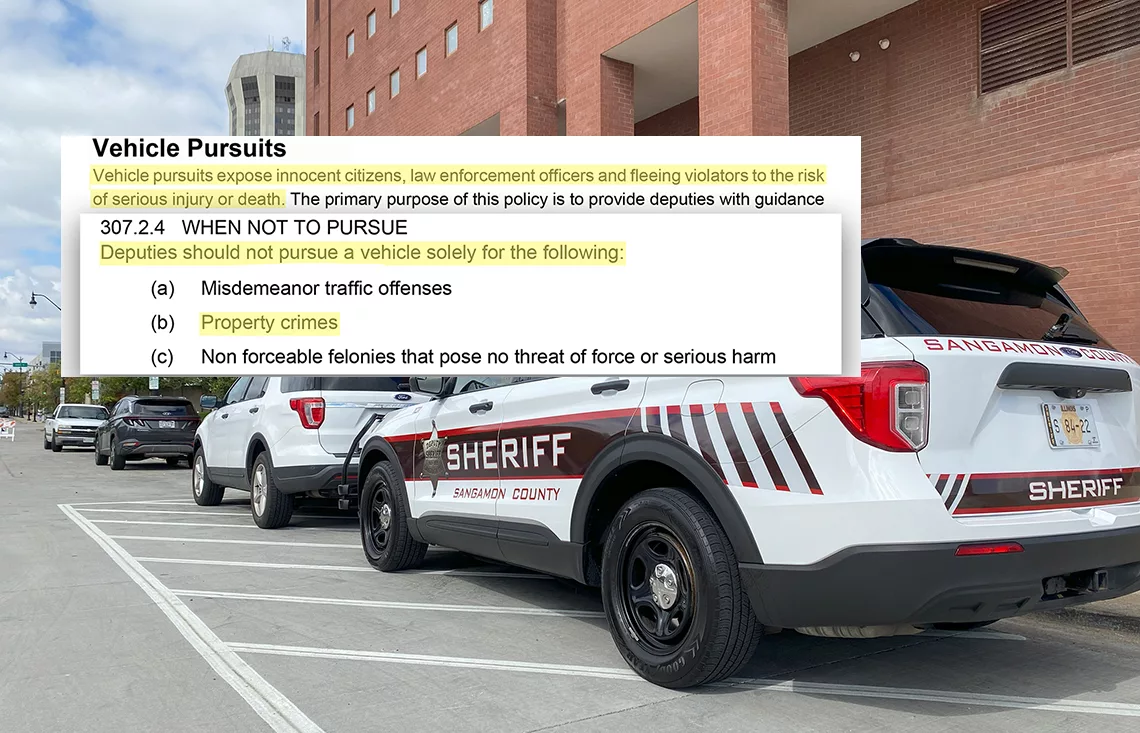 The pursuit policy of the Sangamon County Sheriff’s Office outlines the circumstances in which deputies are directed not to pursue fleeing vehicles. Highlights added. (Capitol News Illinois illustration by Jerry Nowicki)