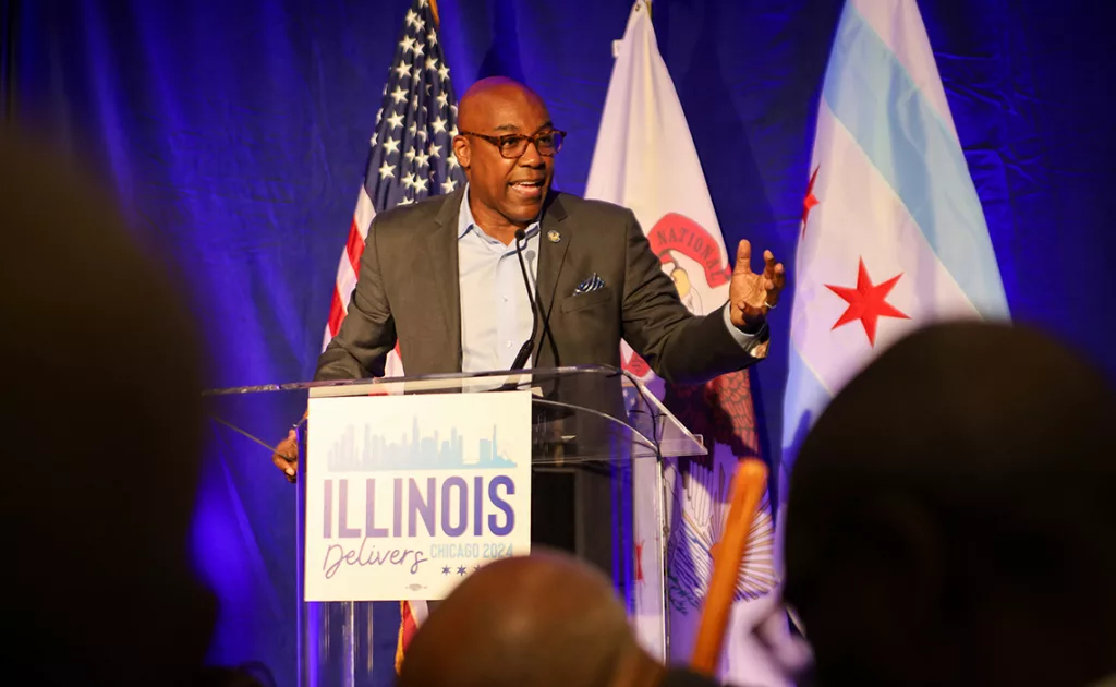 llinois Attorney General Kwame Raoul is pictured at the Democratic National Convention.