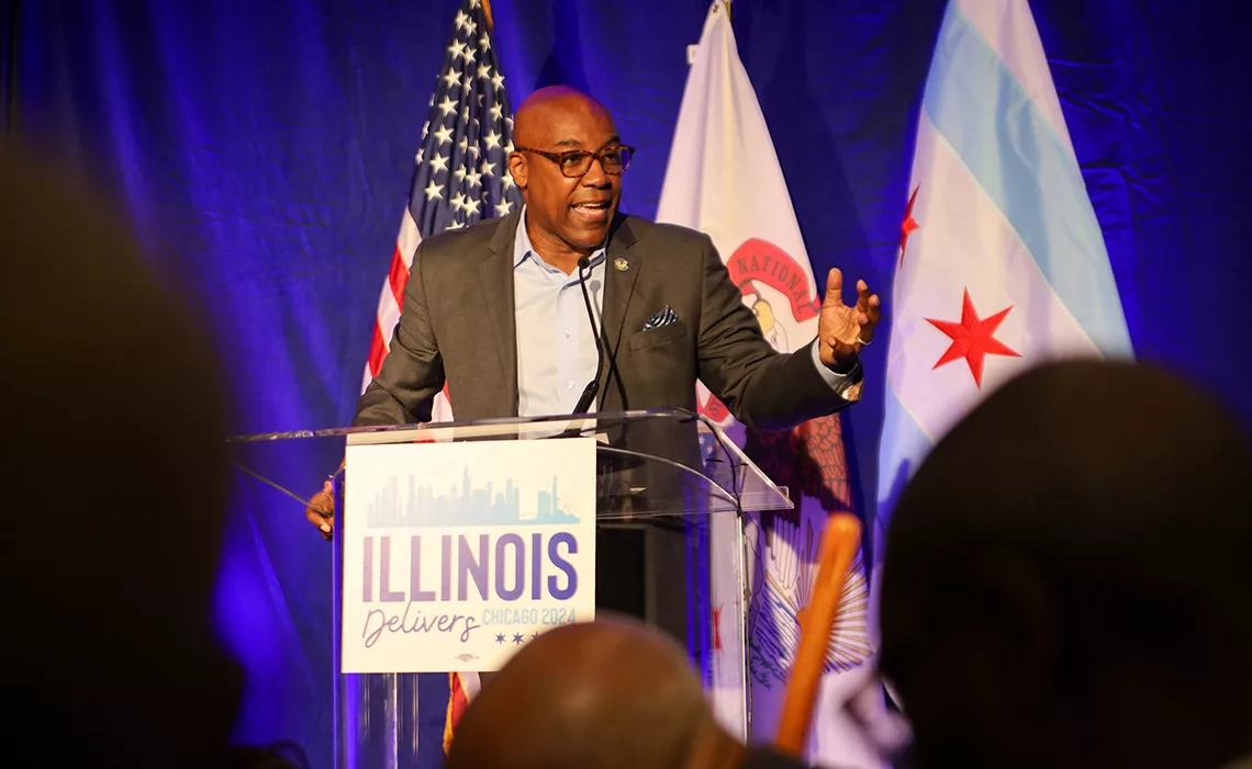 llinois Attorney General Kwame Raoul is pictured at the Democratic National Convention.