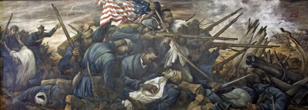 "The 54th Massachusetts regiment, under the leadership of Colonel Shaw in the attack on Fort Wagner, Morris Island, South Carolina, in 1863," mural at the Recorder of Deeds building, built in 1943. 515 D St., NW, Washington, D.C.