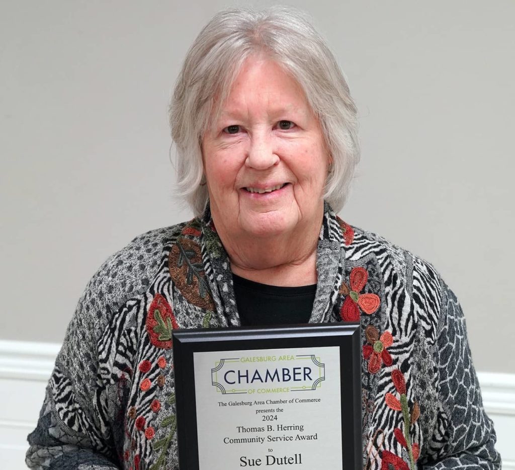 Sue Dutell is the recipient of the 2024 Thomas B. Herring Community Service Award. She received the award Monday at the Galesburg Chamber of Commerce’s 46th Annual Thanksgiving Luncheon at Cedar Creek Hall.