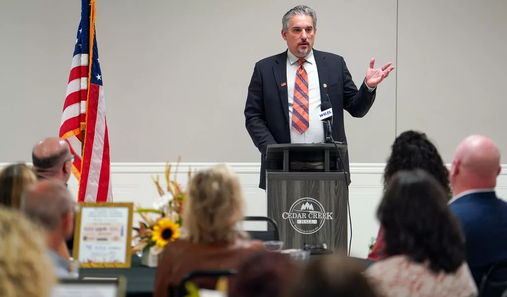 Galesburg Mayor Peter Schwartzman gave his State of the City address during the 46th annual Galesburg Area Chamber of Commerce Thanksgiving Luncheon on Monday, Nov. 25, 2024, at Cedar Creek Hall in Galesburg.