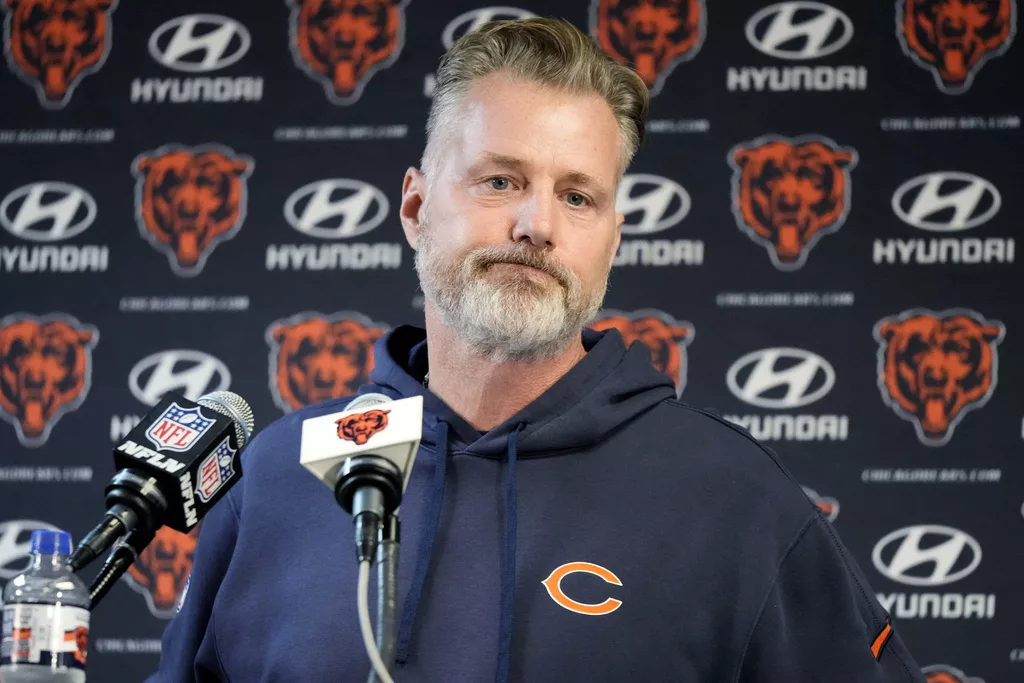 Chicago Bears head coach Matt Eberflus listens to reporters during a news conference after an NFL football game against the Green Bay Packers in Chicago, Sunday, Nov. 17, 2024.