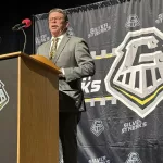 Steve Cheesman: Master of ceremonies Steve Cheesman speaks during Galesburg Athletic Hall of Fame induction ceremonies Saturday, Nov. 30, 2024, at Galesburg High School. (WGIL)