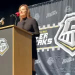 Jody Chapman: Galesburg High School cross country and track and field coach Jody Chapman speaks during Galesburg Athletic Hall of Fame induction ceremonies Saturday, Nov. 30, 2024, in Galesburg High School. (WGIL)

