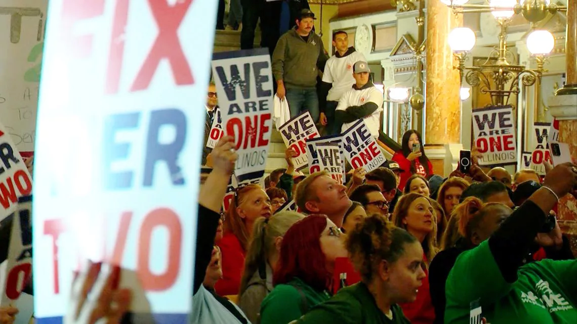 Union members in the We Are One Illinois coalition hold a rally at the Illinois Capitol in November.