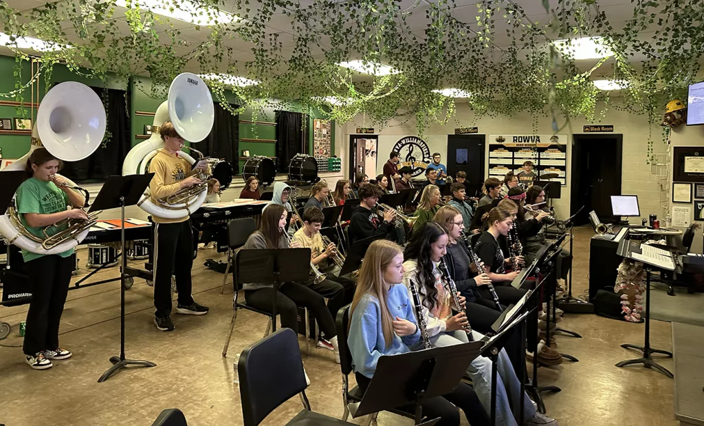 The ROWVA High School band goes through a final rehearsal Monday in Oneida, prior to its Tuesday, Dec. 31, 2024, appearance in Champaign.