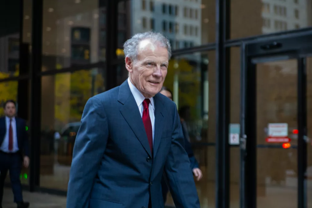 Former Illinois House Speaker Michael Madigan leaves the Dirksen Federal Courthouse after the first day of his corruption trial on Oct. 22, 2024. Madigan indicated he will testify in his own defense on Tuesday.