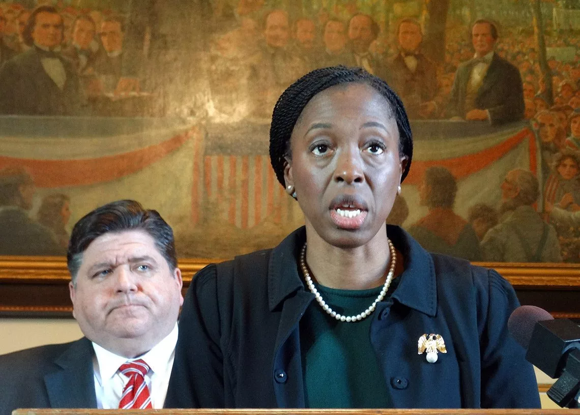 Dr. Ngozi Ezike, then the director of the Illinois Department of Public Health, is pictured at a news conference in Gov. JB Pritzker’s office. 