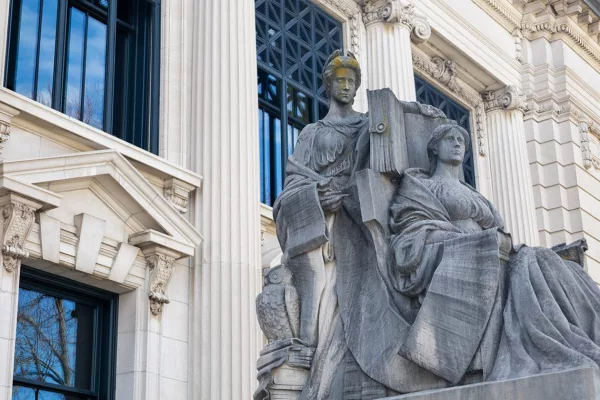 A statue is pictured outside the Illinois Supreme Court building in Springfield.