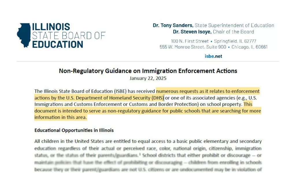 The Illinois State Board of Education is advising local school officials to be prepared in the event federal immigration officials try to take enforcement actions on school grounds. (Highlights added)