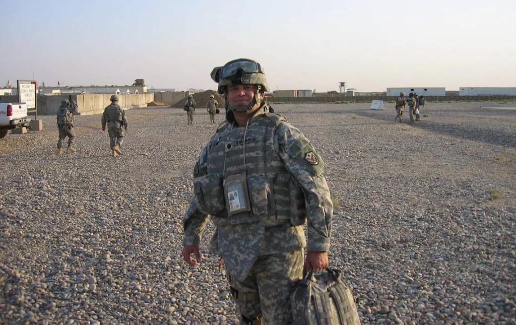 Rep. Dan Swanson is pictured in his “battle rattle” gear at Besmaya training site in Iraq.