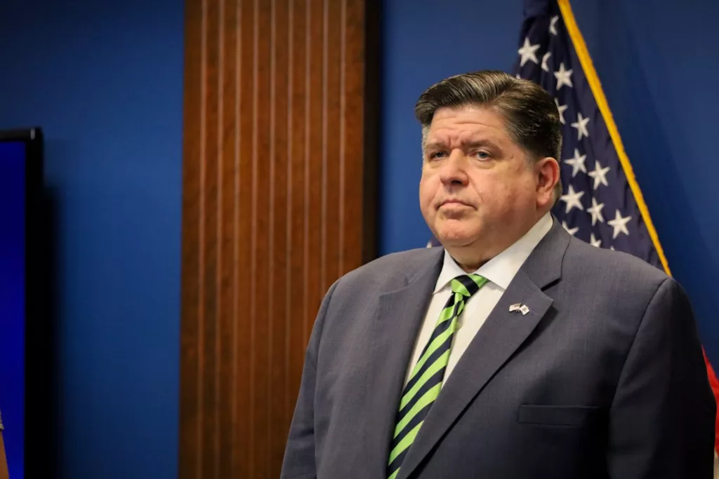 Gov. JB Pritzker is pictured at a news conference on Tuesday about the Trump Administration’s attempt to freeze federal grants and funding.