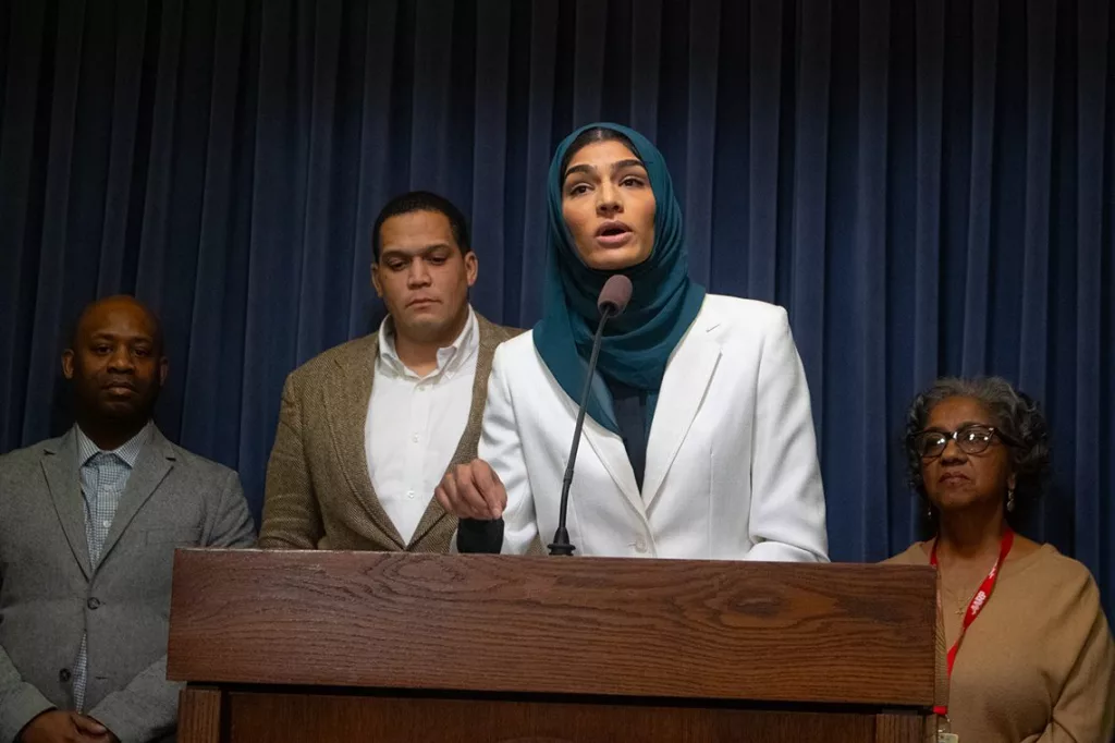 State Rep. Nabeela Syed speaks to members of the media at the Illinois Capitol about the proposed Illinois prescription drug affordability board on Jan. 29, 2025.