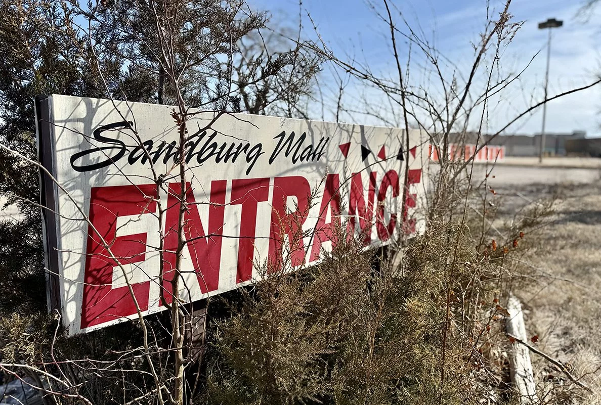 A Sandburg Mall sign remains at the northwest entrance to the mall near the former Sears store as seen on Tuesday, Feb. 4, 2025.