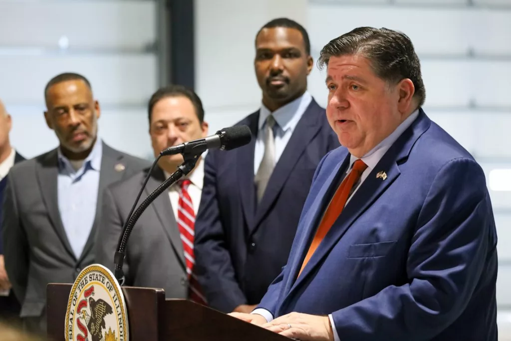 Gov. JB Pritzker speaks at a news conference with lawmakers and representatives of Pace Suburban Bus in Markham on Friday, Feb. 7, 2025.