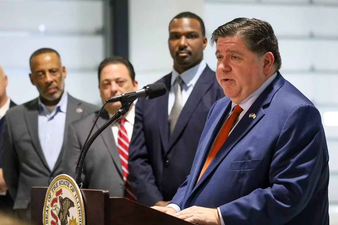 Gov. JB Pritzker speaks at a news conference with lawmakers andrepresentatives of Pace Suburban Bus in Markham on Friday, Feb. 7, 2025. 
