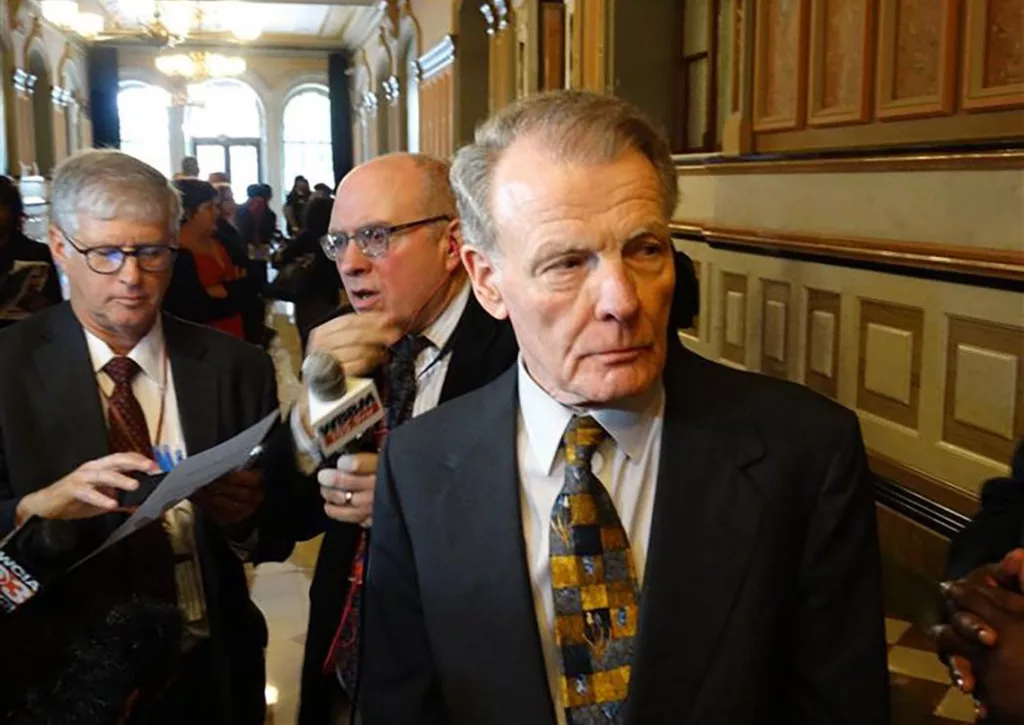 Then-House Speaker Michael Madigan speaks to members of themedia in 2019 at the Capitol after a House Democrats caucus.