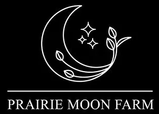 black background with a white outline of a crescent moon with leaves coming from the bottom point, with white text that reads "Prairie Moon Farm."