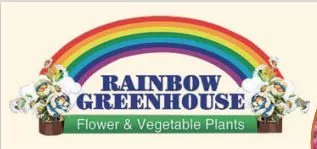 rainbow cartoon coming out of potted plants with the text "rainbow greenhouse" in bold blue letters" and "flowers and vegetable plants" as a subtitle.