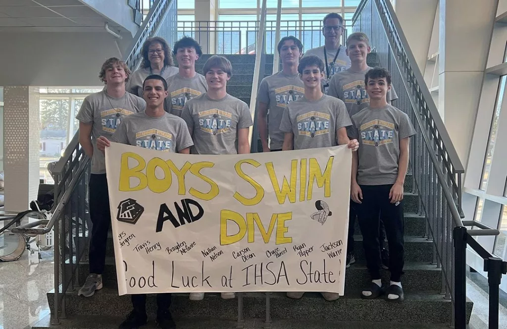 The Galesburg boys swimming and diving team qualified seven entries for the state championships. They are pictured here at a school send-off on Thursday.