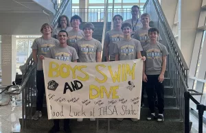 The Galesburg boys swimming and diving team qualified seven entries for the state championships. They are pictured here at a school send-off on Thursday.