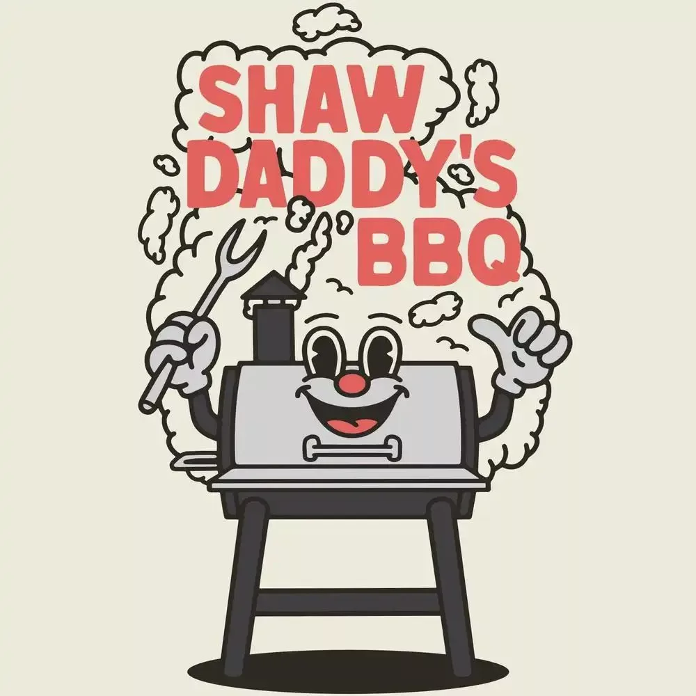 A cartoon barbeque with smoke rising from the vent in white with red text reading: SHAWDADDY'S BBQ"