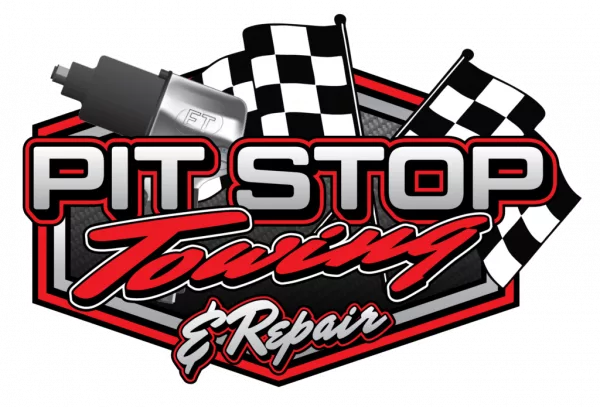 logo with checkered flags and the words "pit stop" in silver, "towing" in a red script and "& repair" in the silver script.