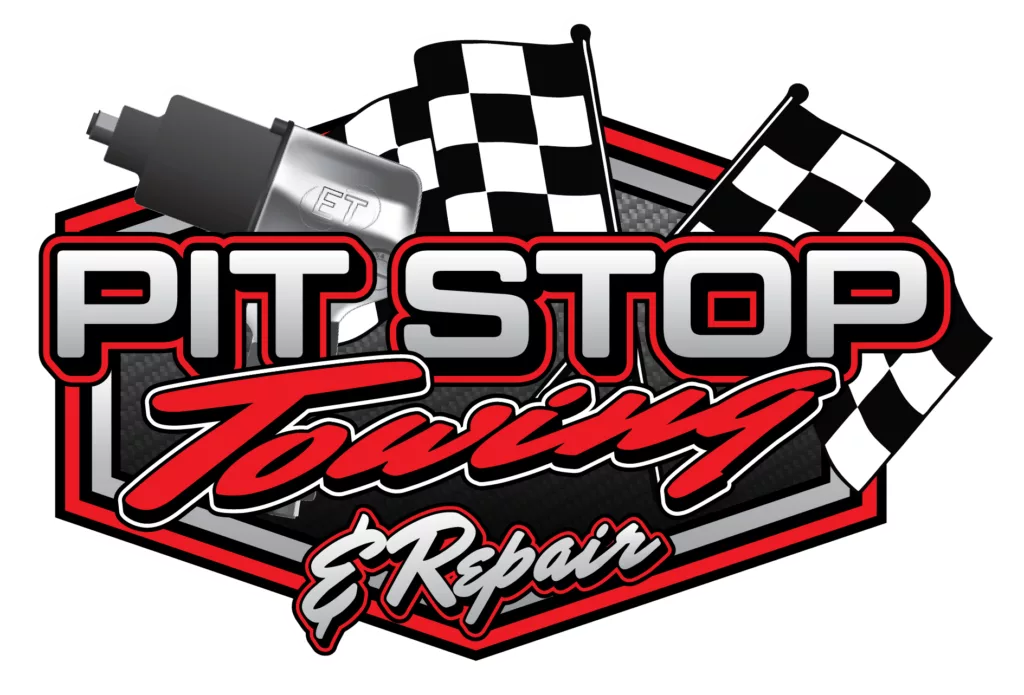 logo with checkered flags and the words "pit stop" in silver, "towing" in a red script and "& repair" in the silver script.